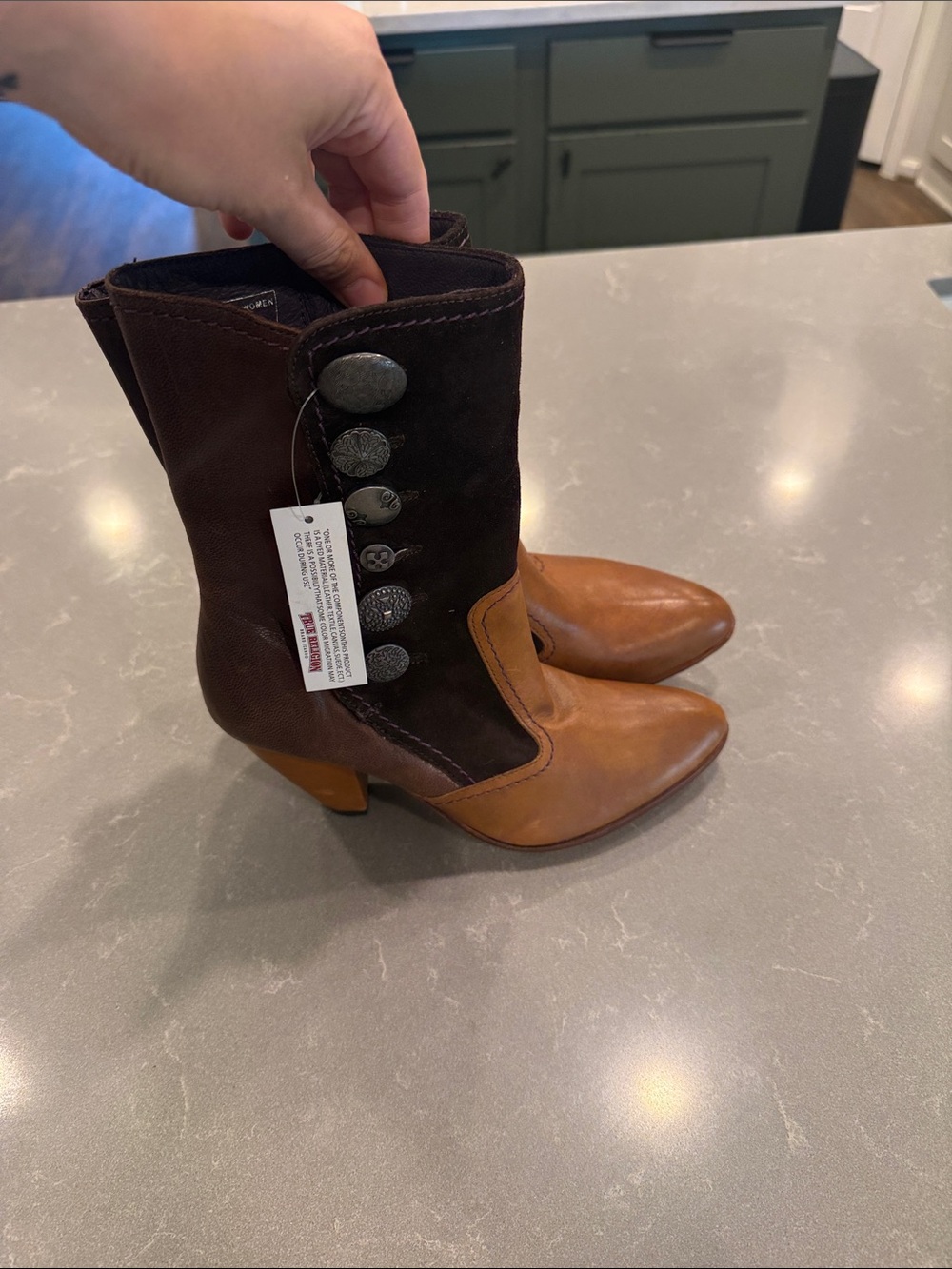 True Religion Two-Tone Brown & Tan Leather Heeled Ankle Boots - Picture 3 of 6